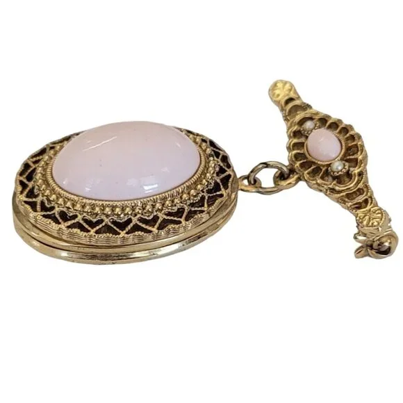 1928 Brand Faux Coral Clear Rhinestone Locket Bar Pin Brooch, K351